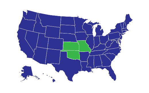 USA Map with Kansas, Missouri, Oklahoma highlighted